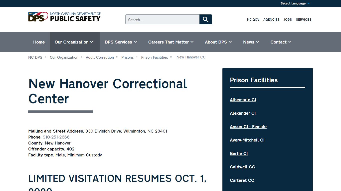 New Hanover Correctional Center | NC DPS - North Carolina Department of ...